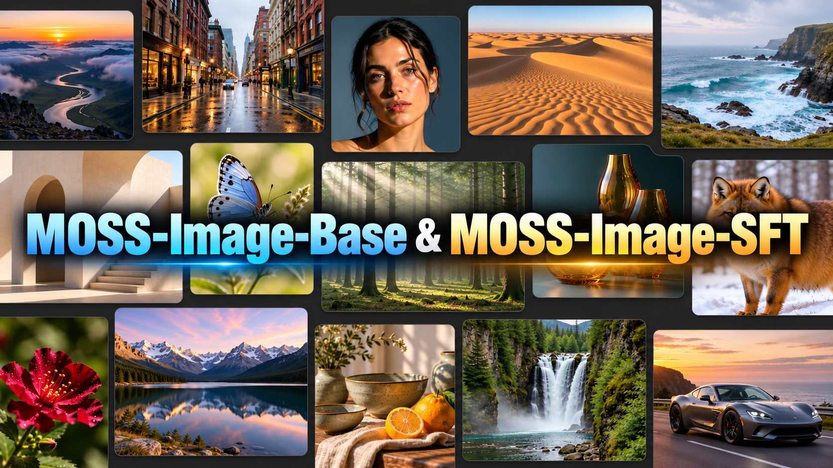 MOSS-Image-Base 与 MOSS-Image-SFT 的样张总览——风景、人像、动物、静物等多题材出图