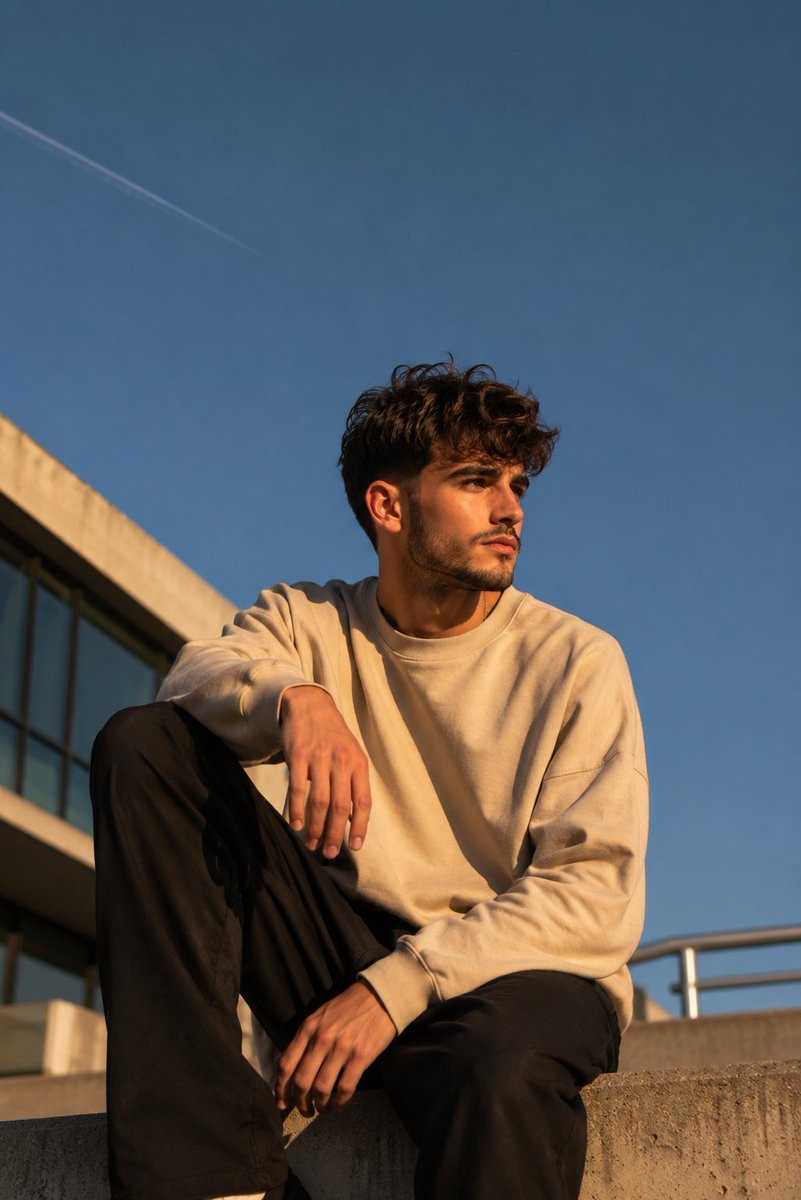 AI portrait prompt example — golden hour rooftop portrait of a young man in a beige sweatshirt against a deep blue sky