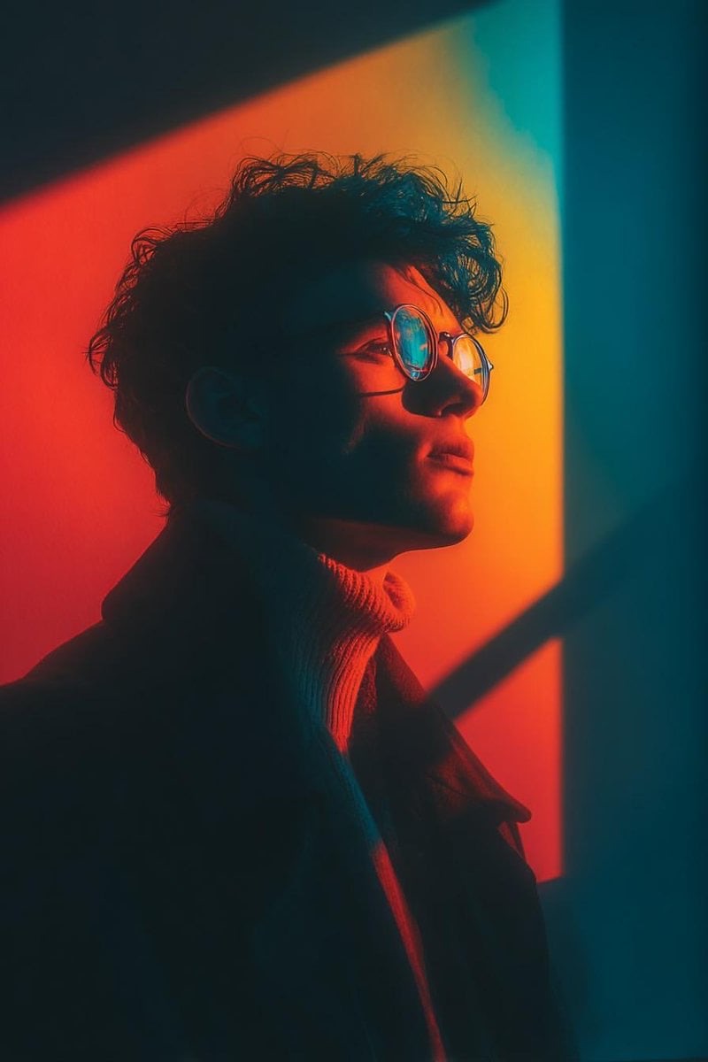 AI portrait prompt example — profile portrait lit by bold geometric window light in red, orange and teal