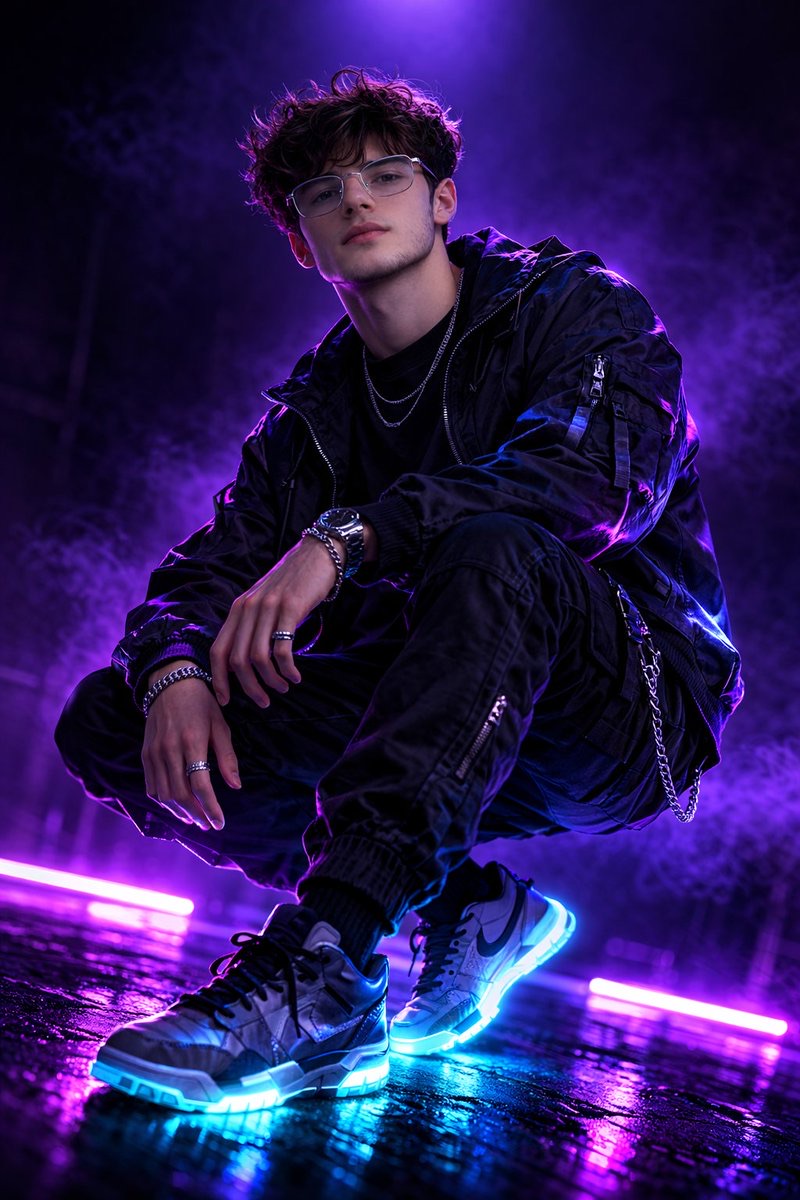 AI portrait prompt example — neon violet streetwear fashion portrait with holographic fabric details