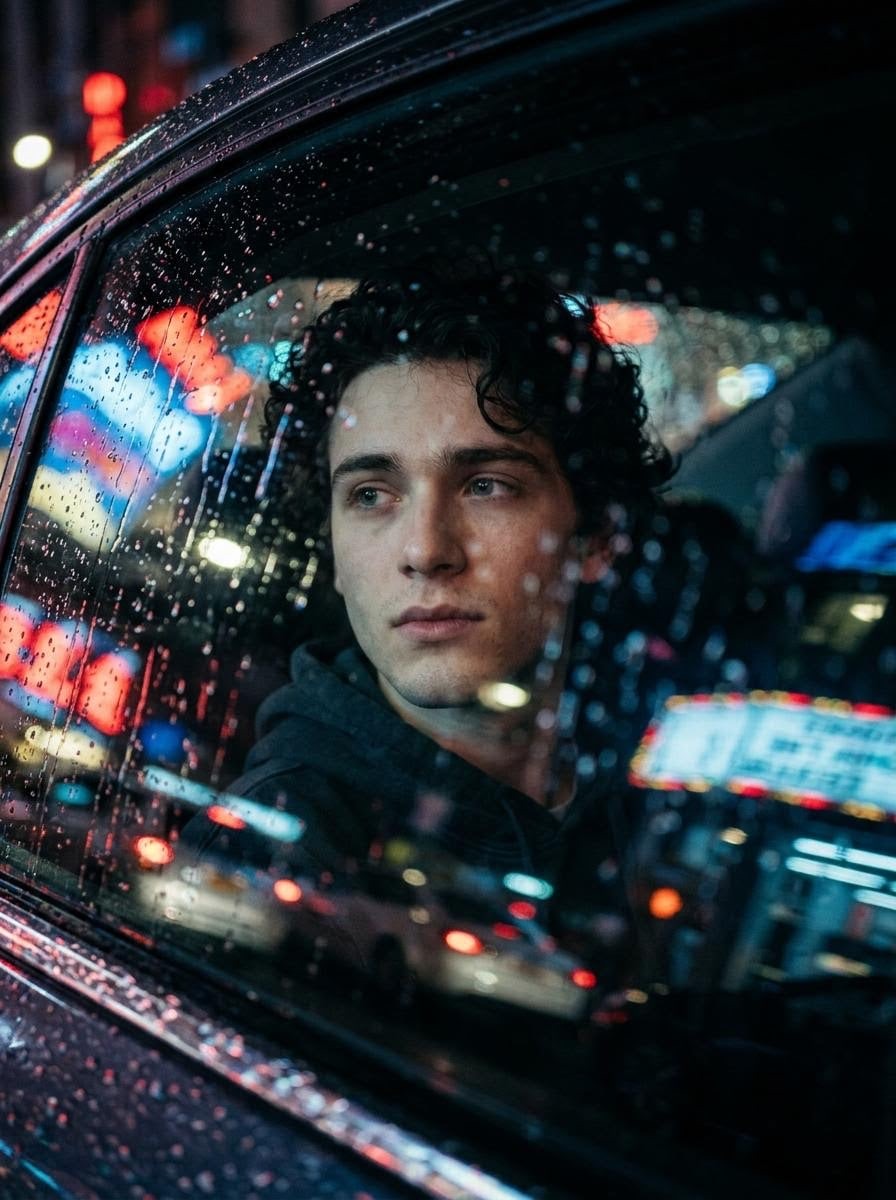AI portrait prompt example — cinematic portrait through a car window at night with neon city reflections