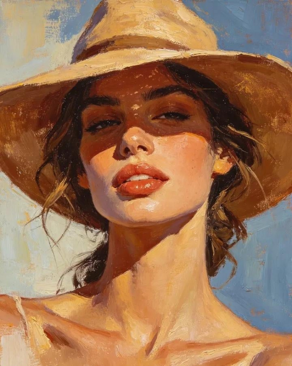 AI portrait prompt example — impressionist oil painting portrait of a woman in a wide-brim hat
