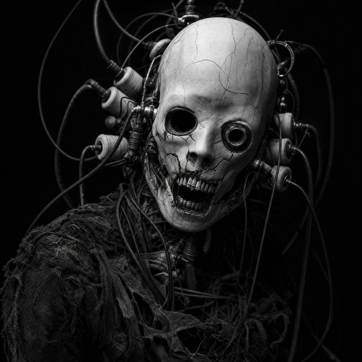 Halloween AI photo prompt example — cybernetic cracked porcelain skull mask horror portrait