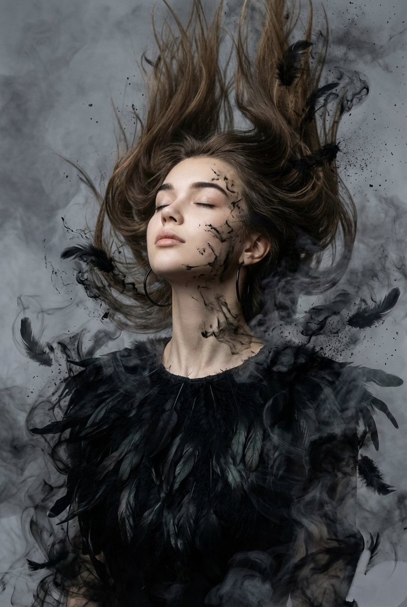 Halloween AI photo prompt example — raven feather blouse dissolving into ink and smoke