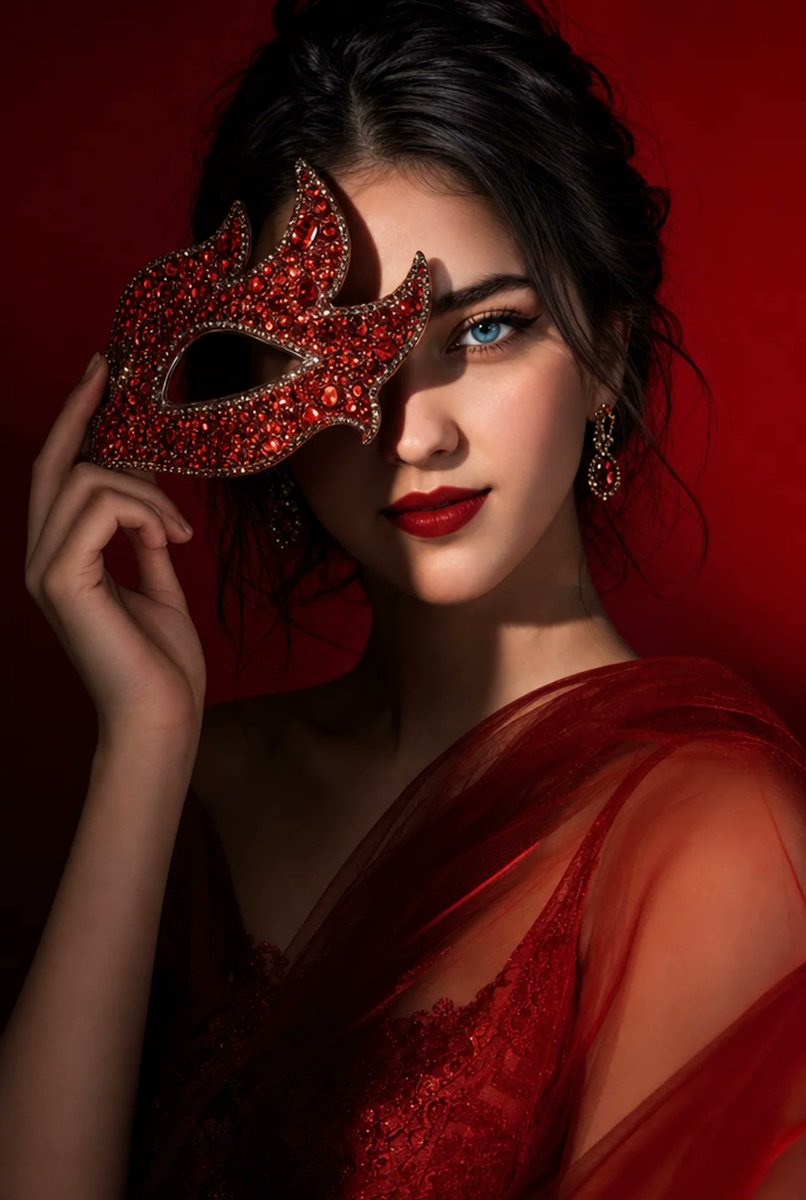 Halloween AI photo prompt example — red rhinestone masquerade mask editorial beauty portrait
