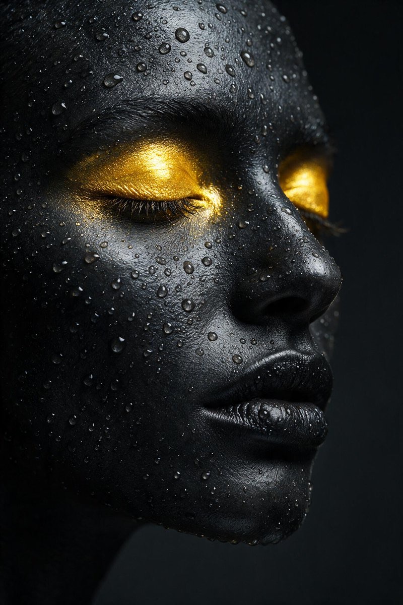 Halloween AI photo prompt example — charcoal black skin with gold eyeliner and water droplets