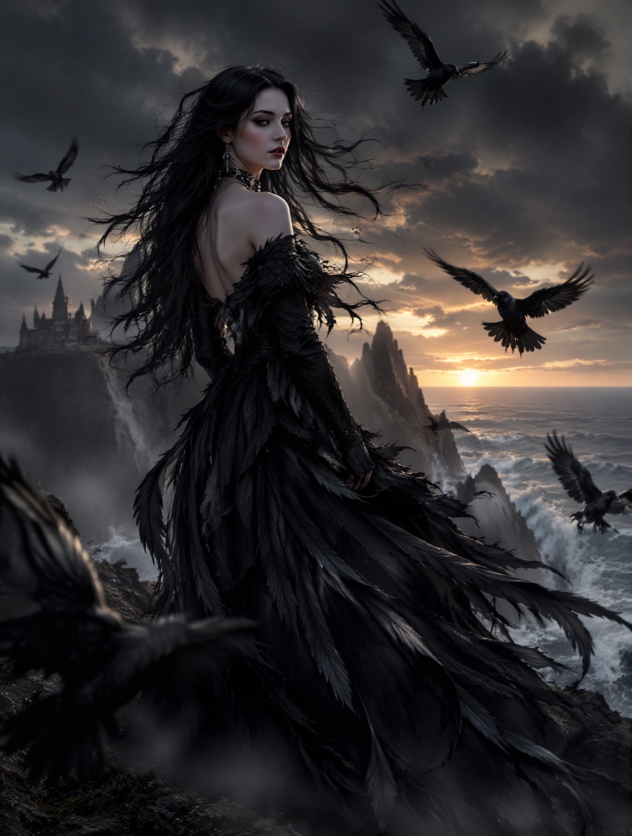 Halloween AI photo prompt example — witch on a stormy cliff circled by ravens