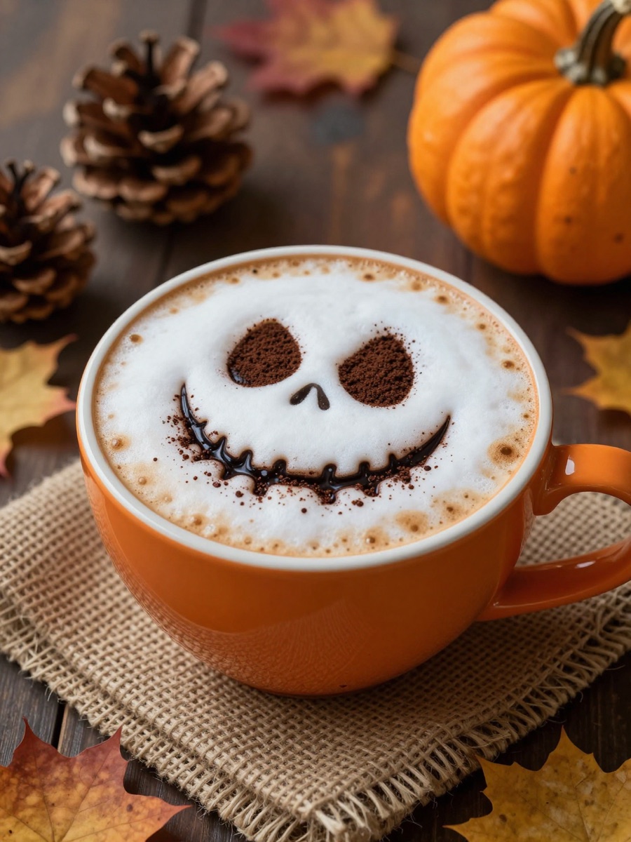 Halloween AI photo prompt example — jack-o-lantern latte art with pumpkins and autumn leaves