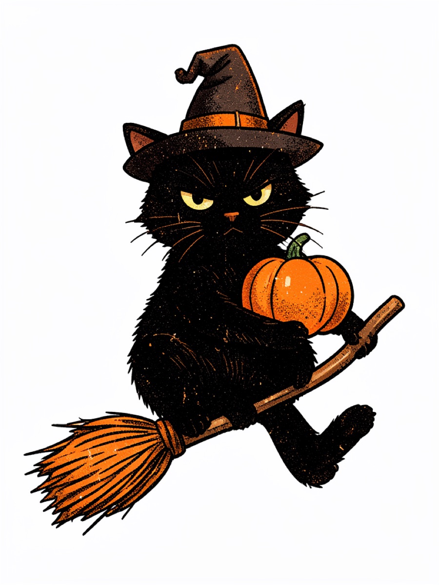 Halloween AI photo prompt example — retro vector black cat witch on a broomstick