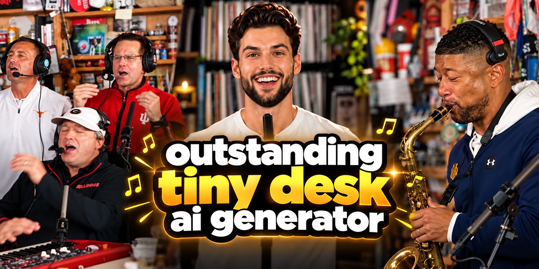 Outstanding Tiny Desk AI meme explained — five-shot storyboard of the desk concert: band sway, lead singer close-up, big laugh, sax solo, final chorus
