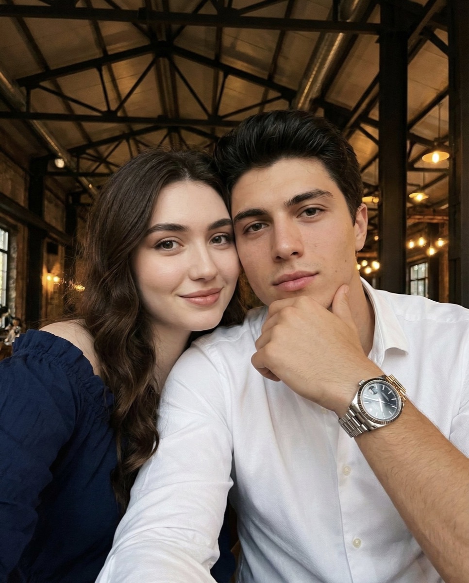 Prompt Seen couple cheek-to-cheek selfie example in a warm indoor venue