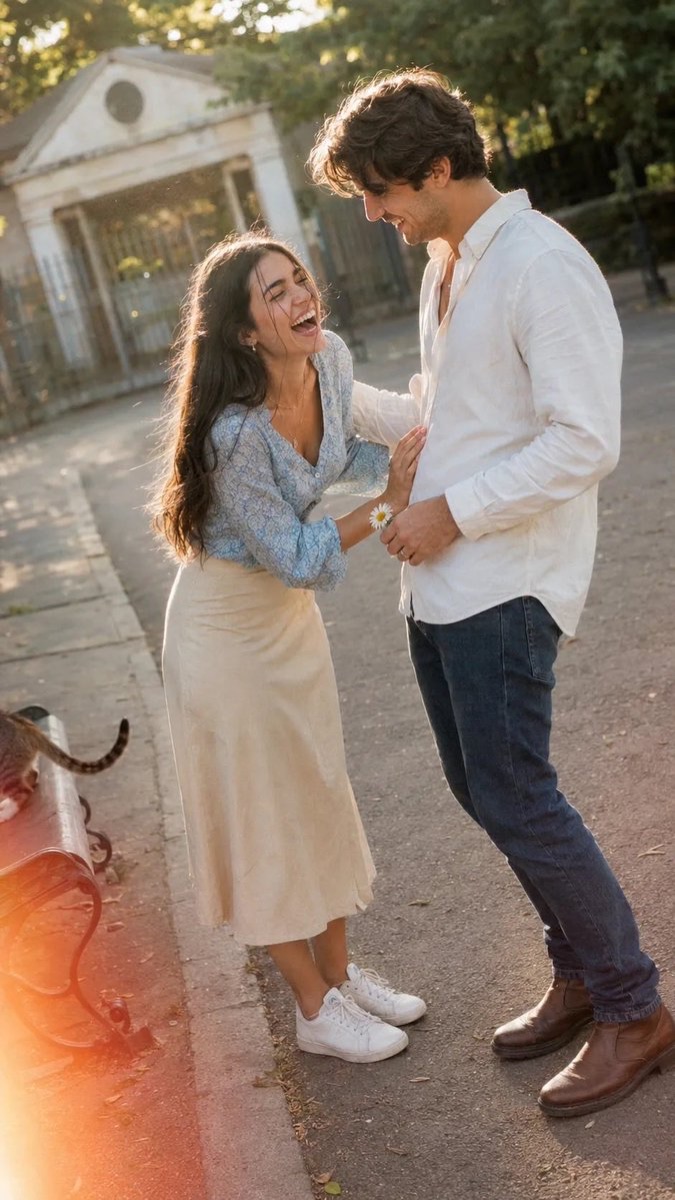 Prompt Seen couple laughing candid example on a paved path in late afternoon light