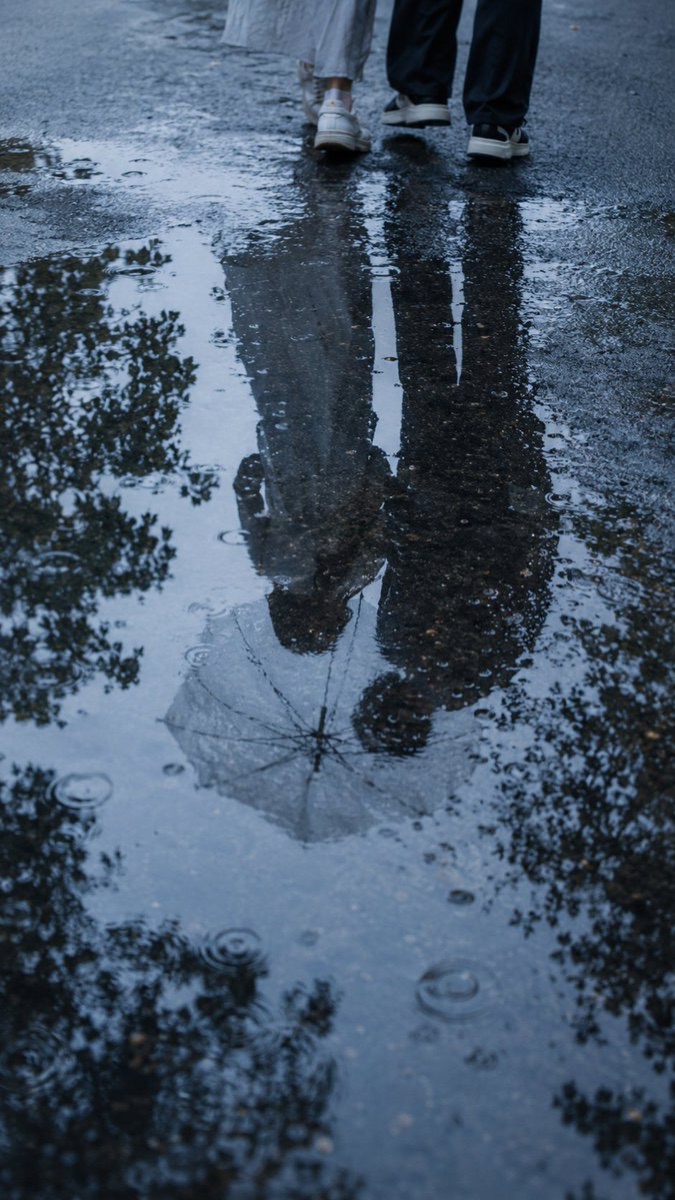 Prompt Seen couple rain puddle reflection example with a shared umbrella seen from above