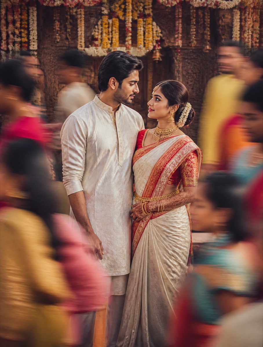 Prompt Seen couple Gujarati wedding street example with a motion-blurred crowd around a still pair