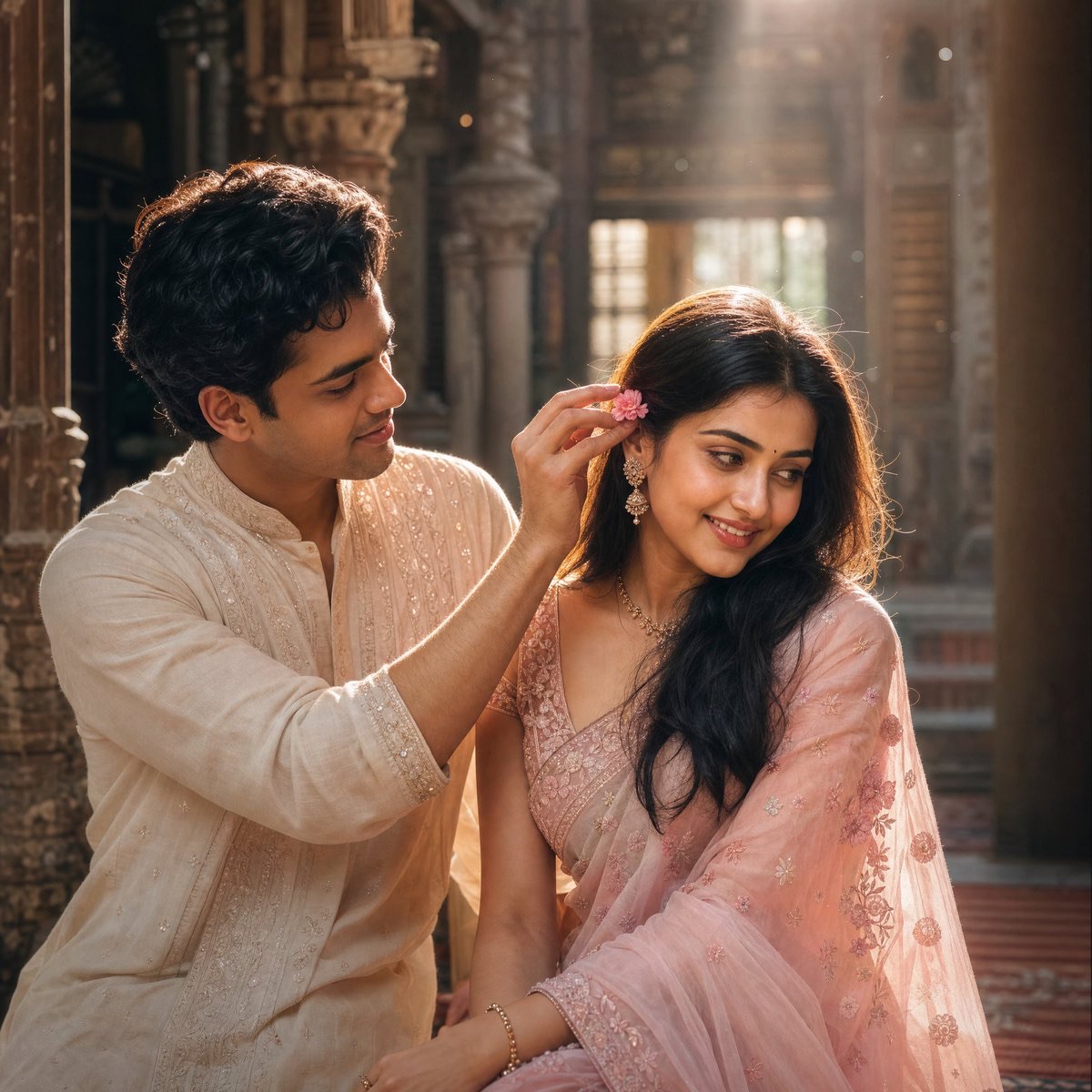 Prompt Seen couple blush-pink saree heritage courtyard example in warm golden light