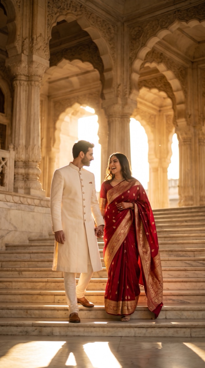 Prompt Seen couple Banarasi silk saree and cream sherwani example on a marble staircase