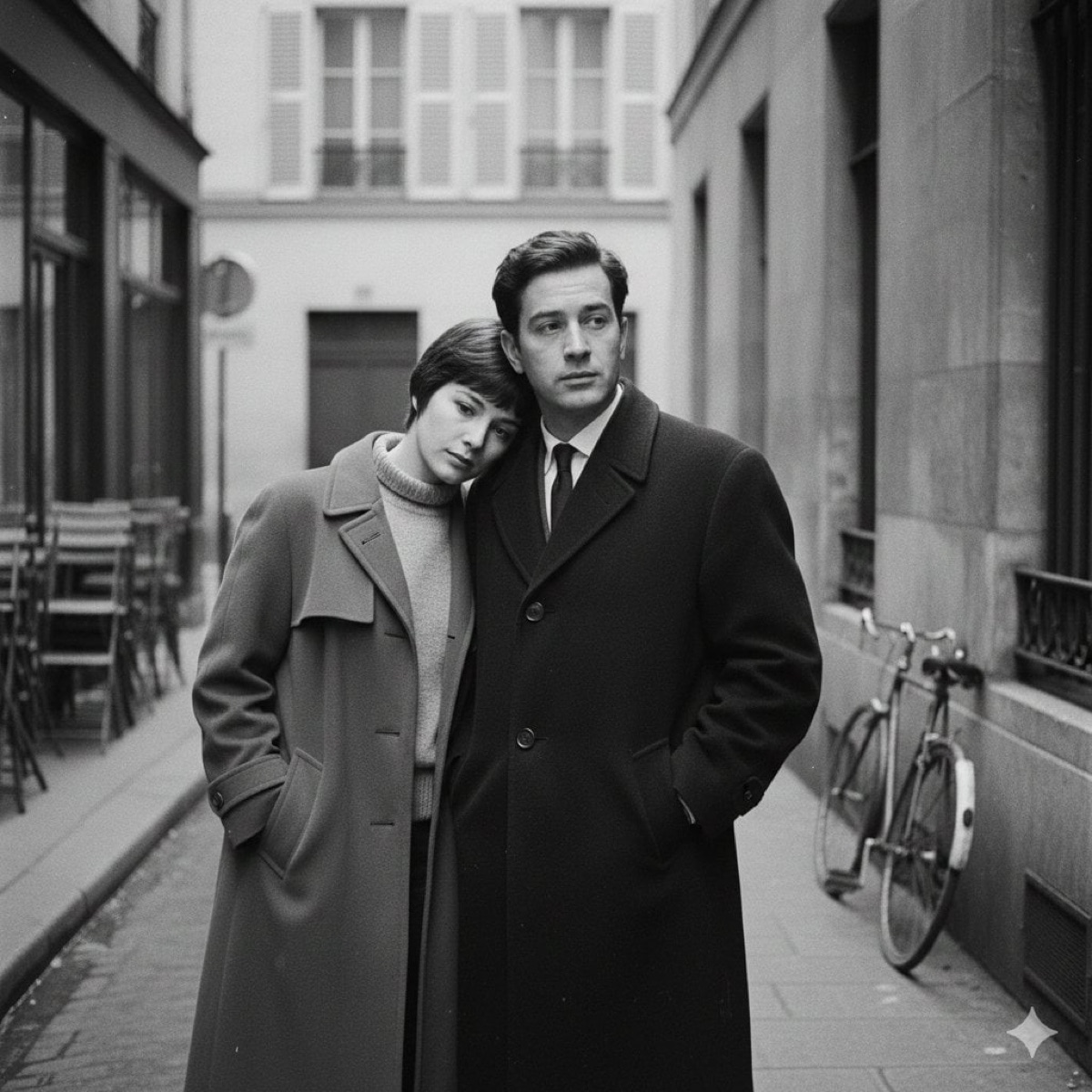 Prompt Seen couple French New Wave black-and-white example on an empty Parisian street