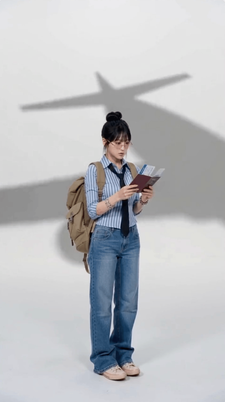 AI Travel Transition Video Prompt: Boarding Pass Outfit Change