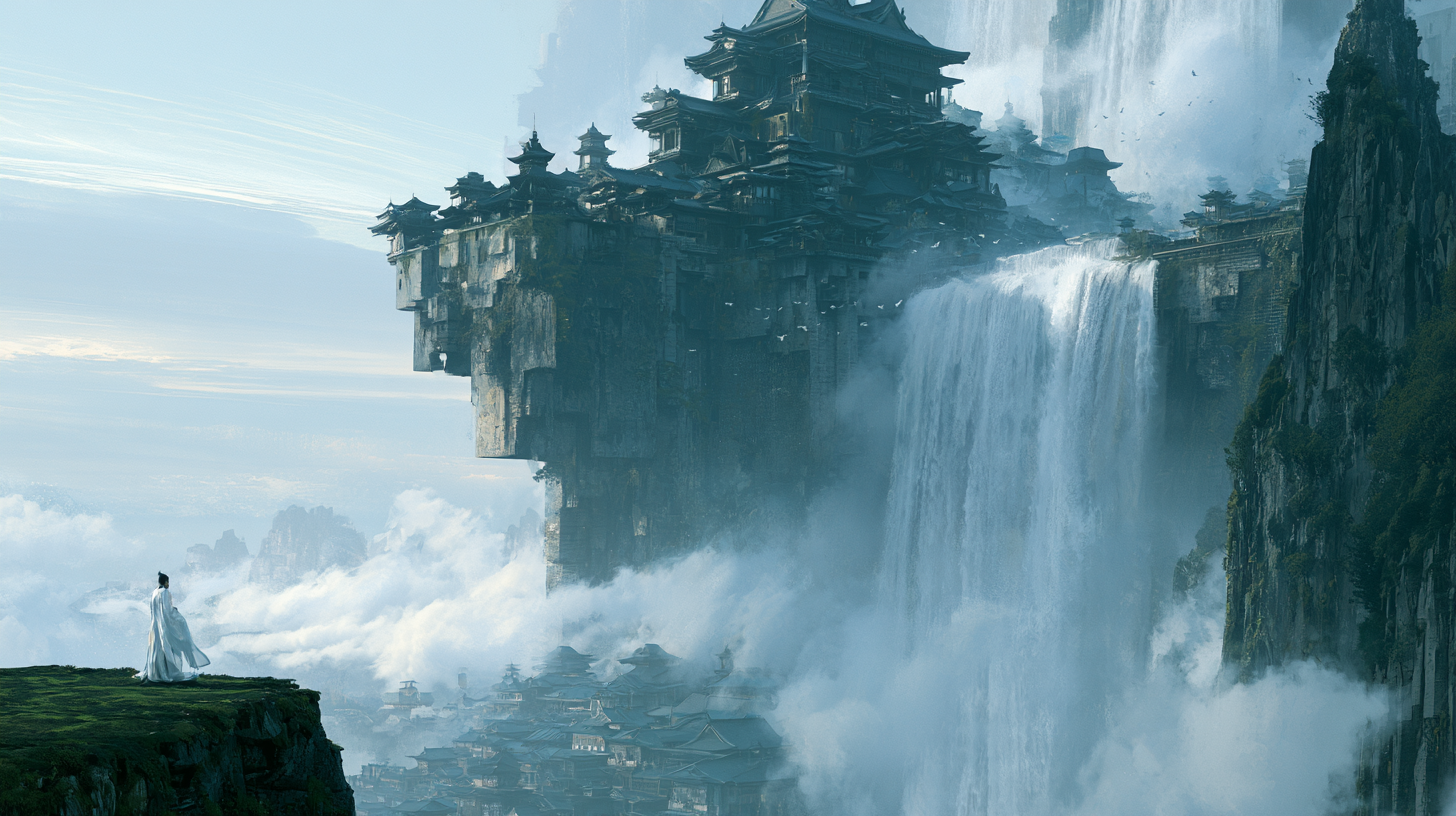10 Trending Midjourney Chinese Heavenly Palace Prompts - 飞瀑仙岛
