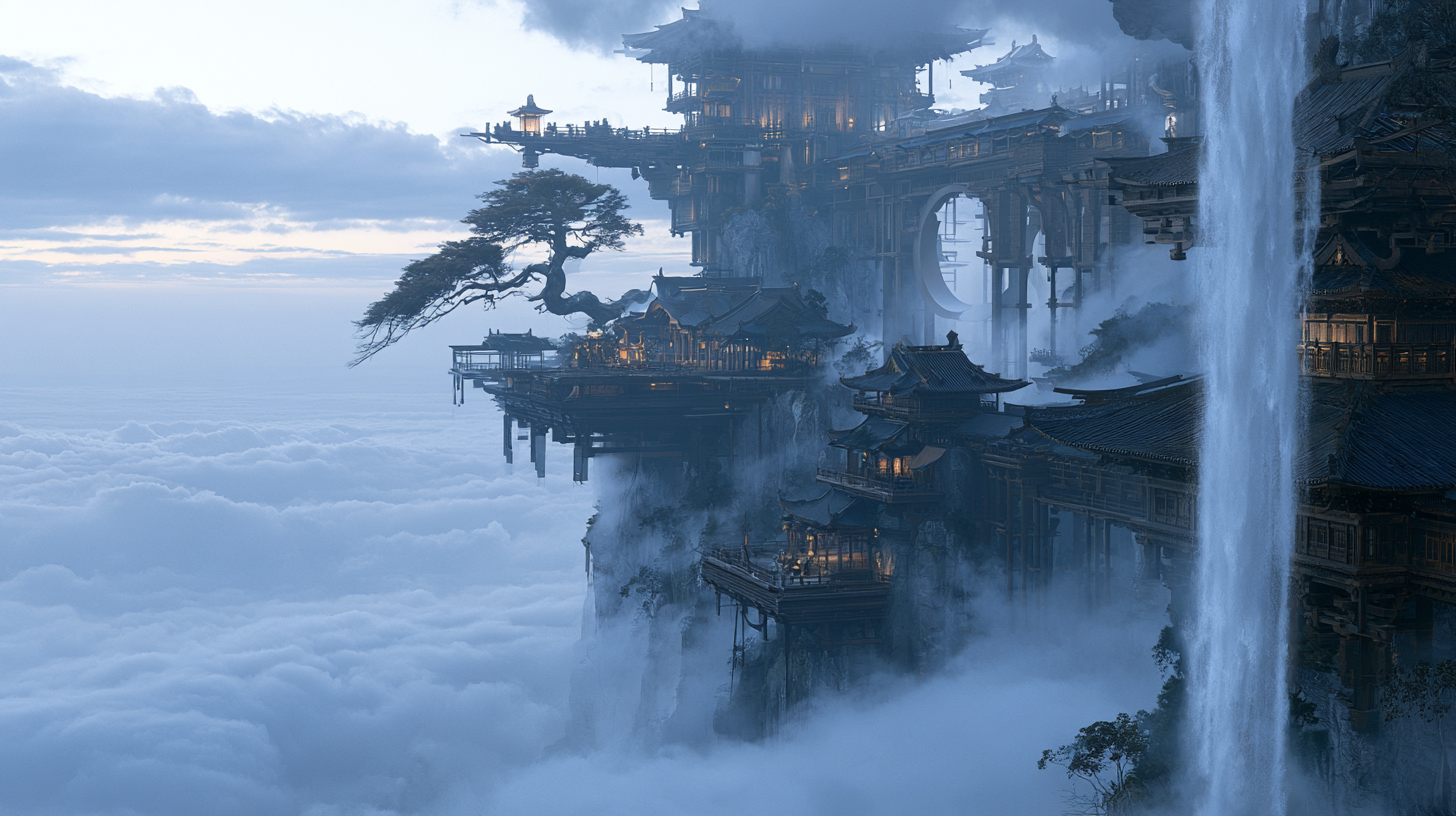 10 Trending Midjourney Chinese Heavenly Palace Prompts - 悬瀑天宫