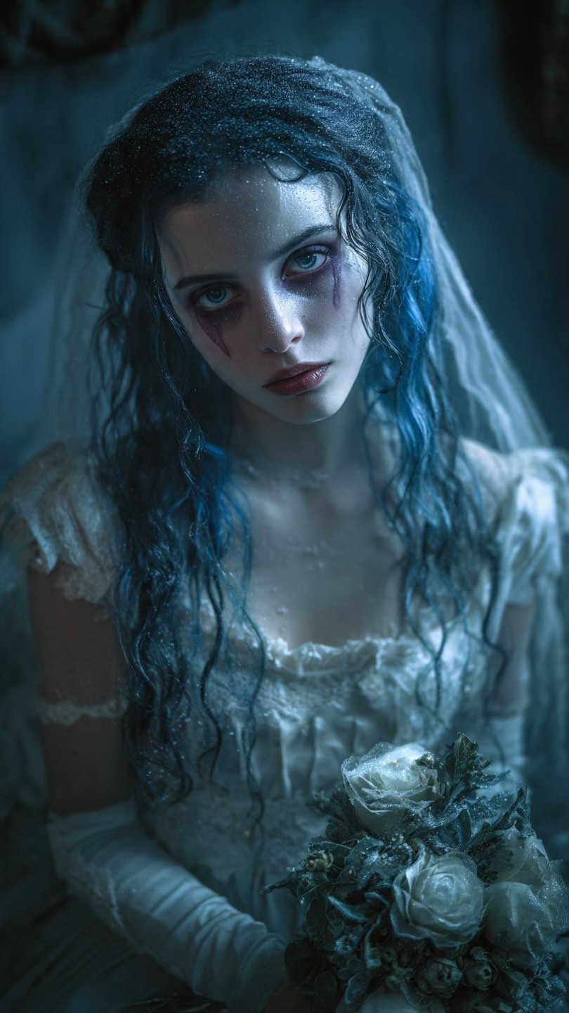 Corpse Bride Portrait: Cinematic Blue Bridal Look · Example 1