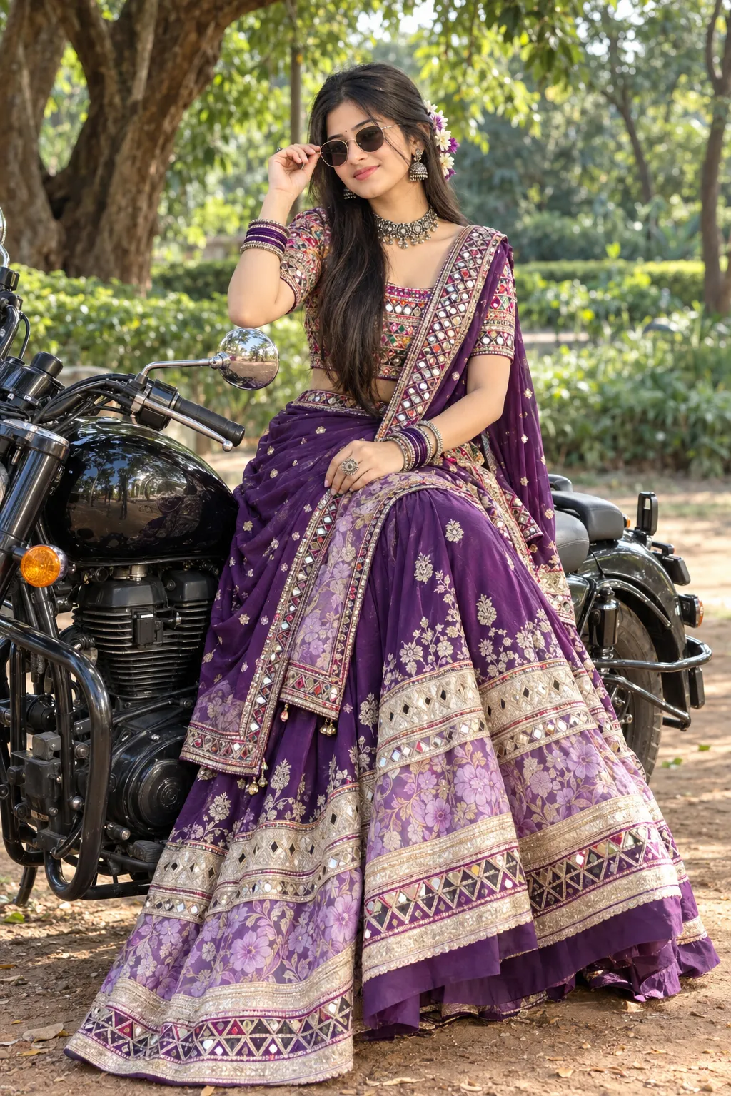 Navratri节日专属：绿荫花园里的摩托车女孩