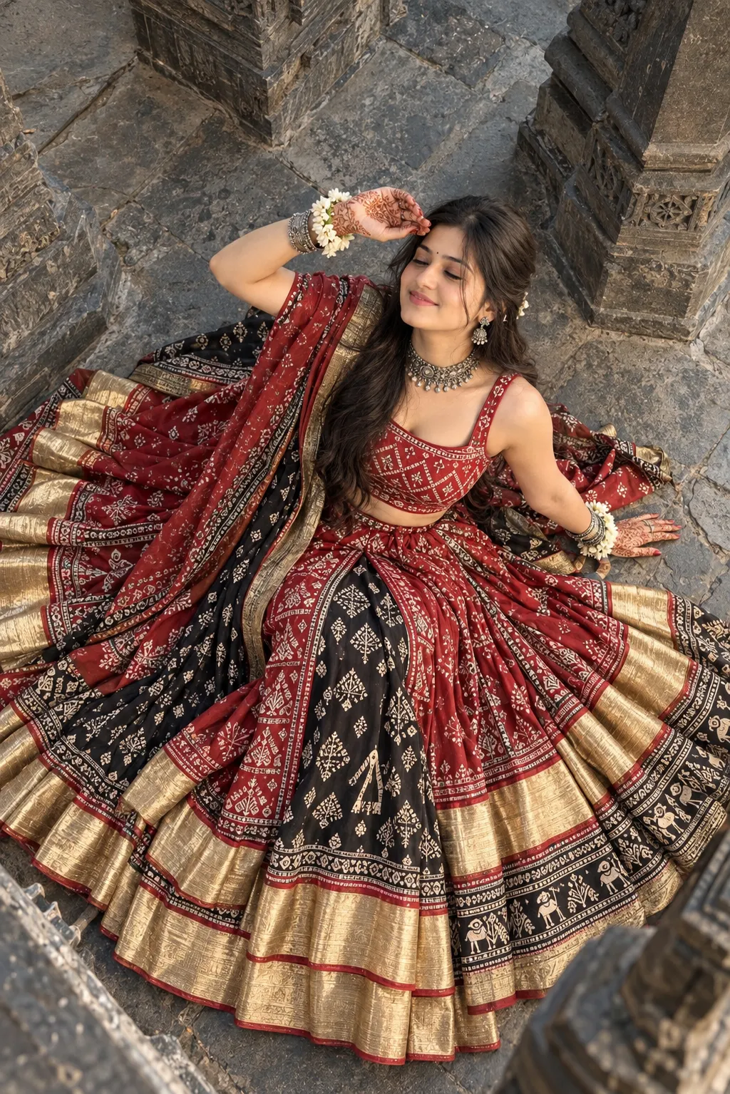 Navratri Prompt: Girl on a Motorcycle in a Lush Garden · Example 2