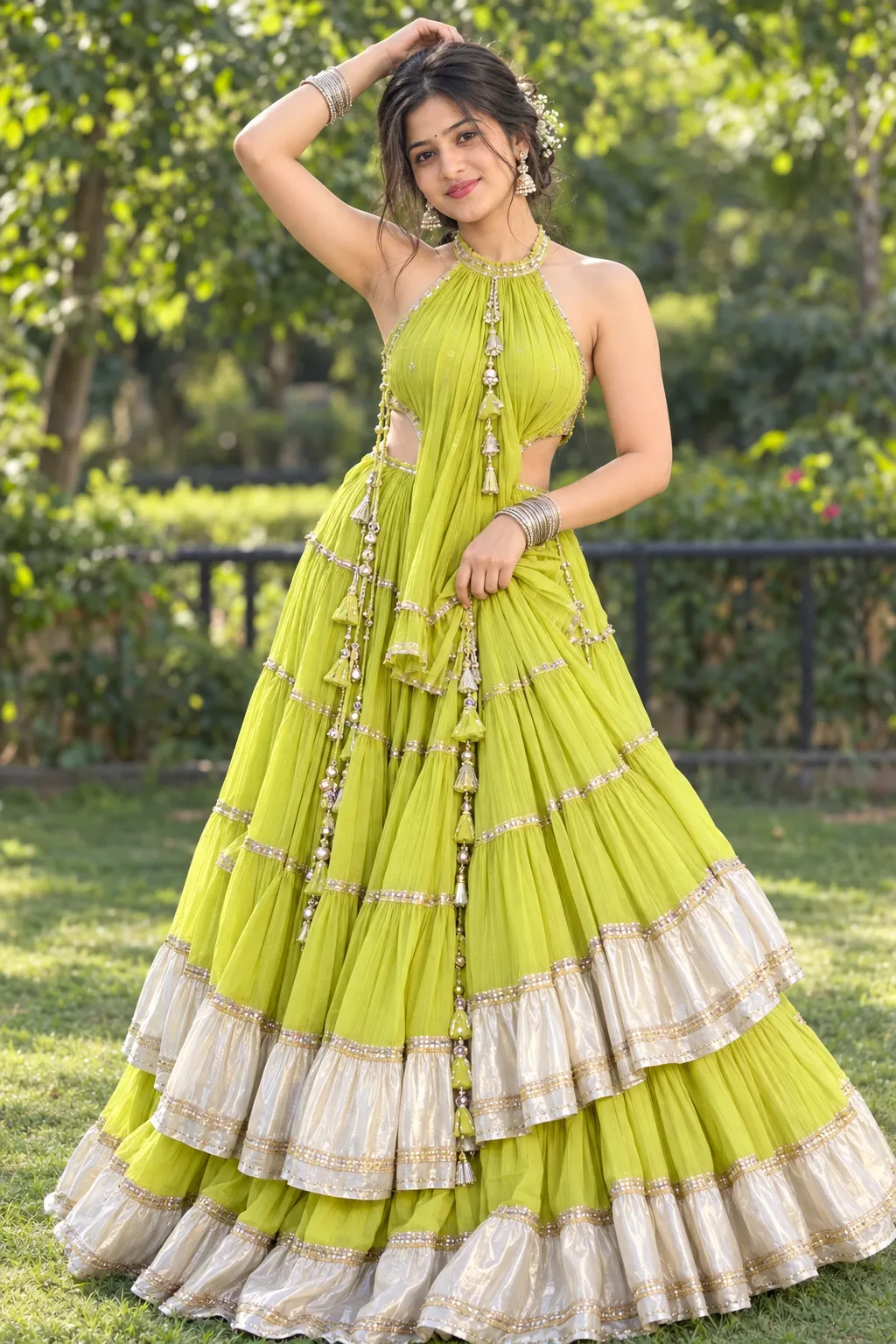 Navratri Prompt: Girl on a Motorcycle in a Lush Garden · Example 3