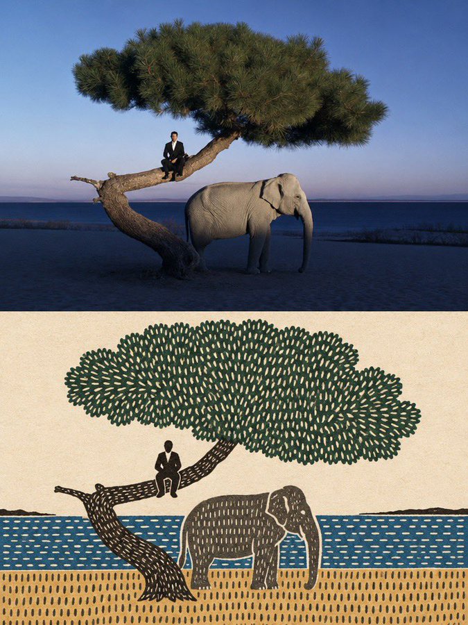 Photo to Folk Art Print: Flat Map-Like Before-and-After · Example 3