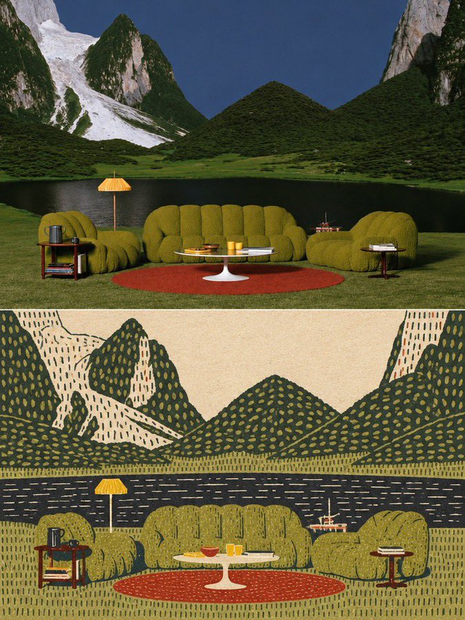 Photo to Folk Art Print: Flat Map-Like Before-and-After · Example 2
