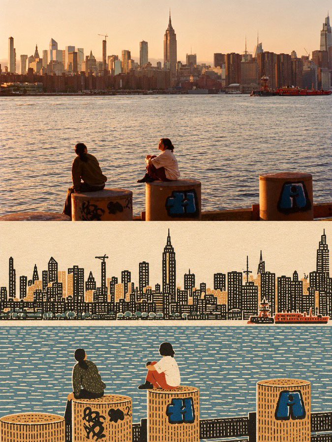 Photo to Folk Art Print: Flat Map-Like Before-and-After · Example 1