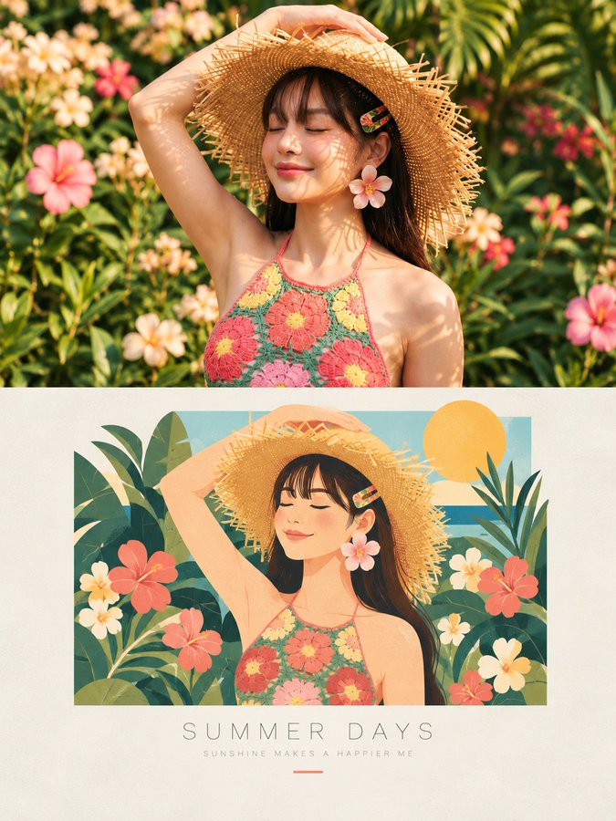 照片转插画海报：夏日杂志美学 · 案例 3