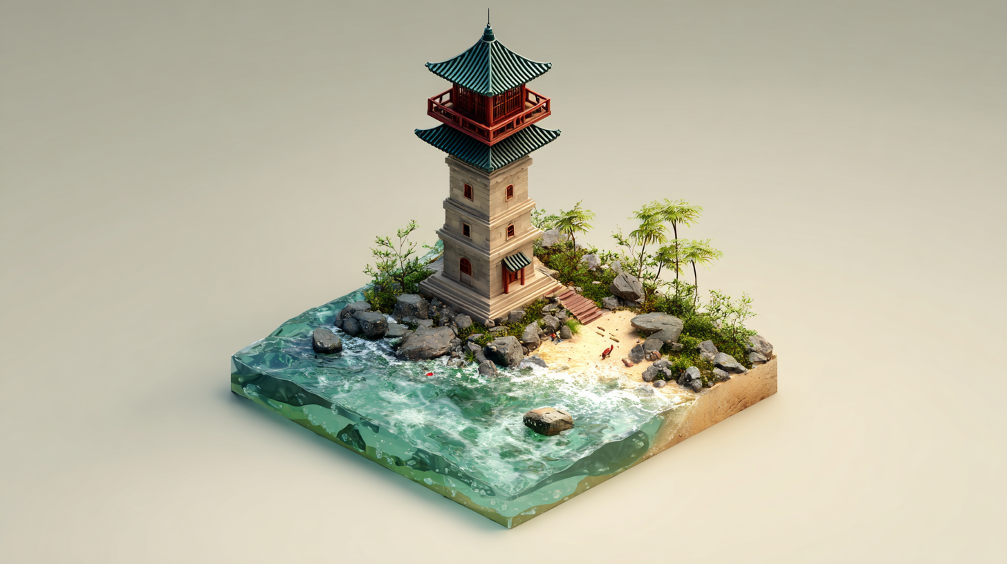 Seaside Chinese Tower: Isometric 3D Logo · Example 4