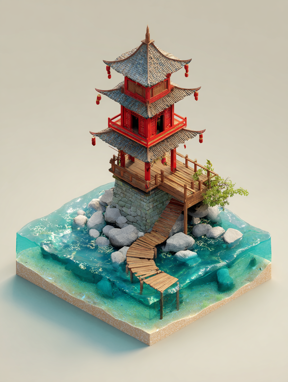 Seaside Chinese Tower: Isometric 3D Logo · Example 1