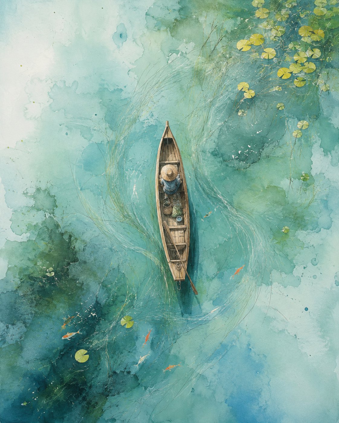 Top-Down Pond with Wooden Boat Watercolor Illustration · Example 1