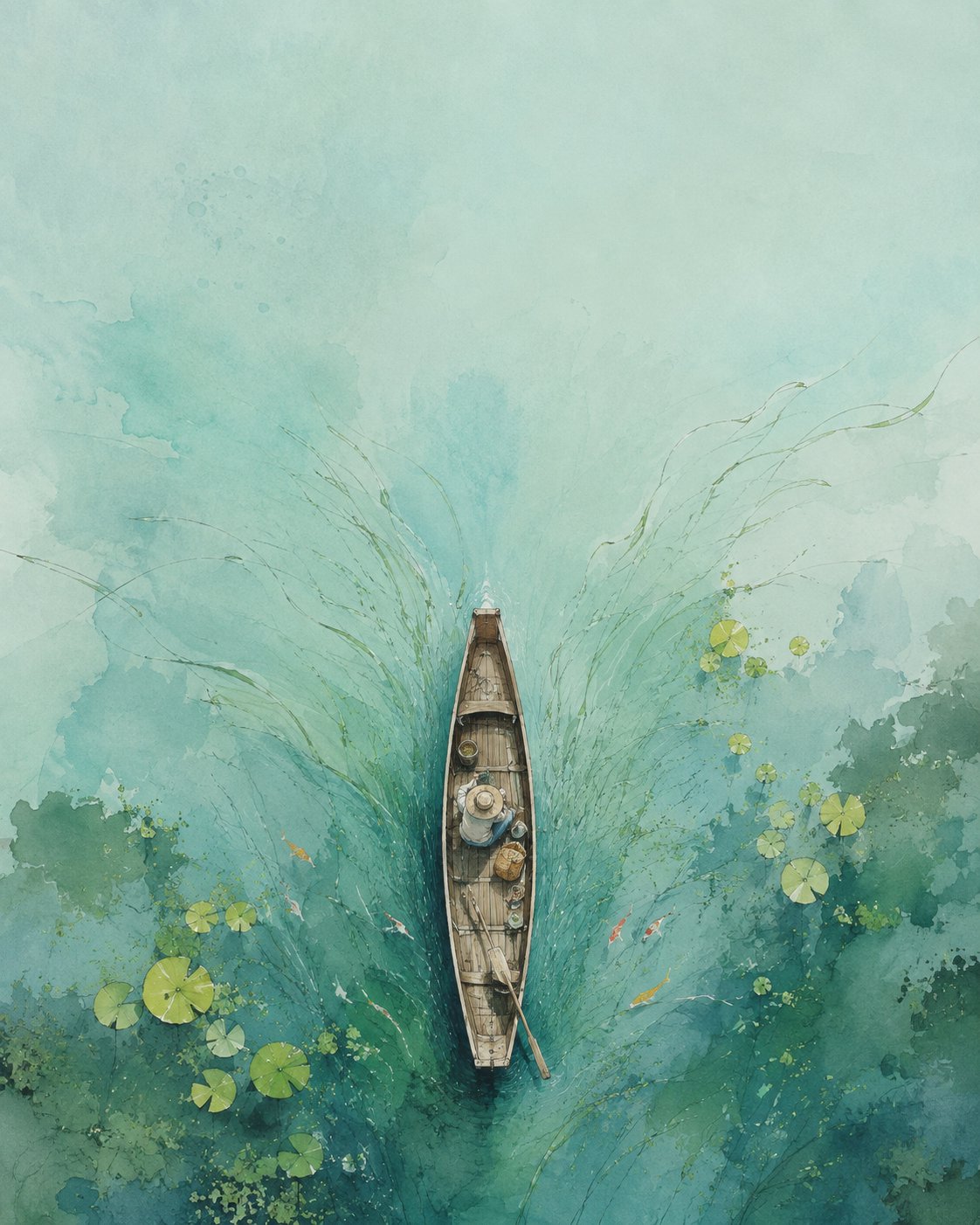 Top-Down Pond with Wooden Boat Watercolor Illustration · Example 2